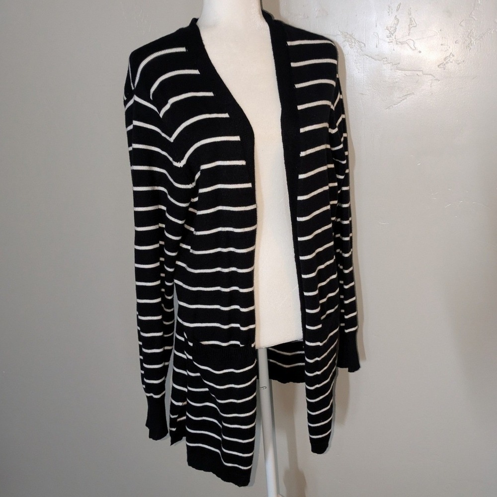 TASAMO Cardigan Sweater Womens Medium Black White Striped Open Front Pockets